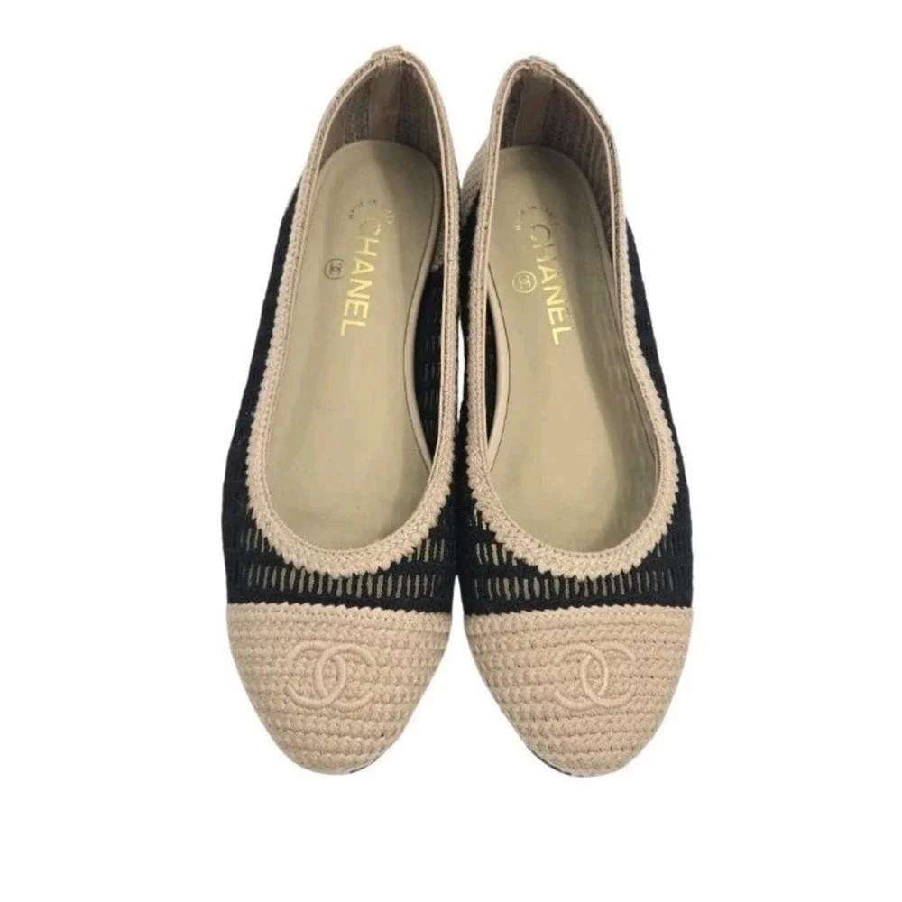 Chanel Ballet Flats Women's Size 41 / US 10 Raffia Mesh Cap Toe Beige Black